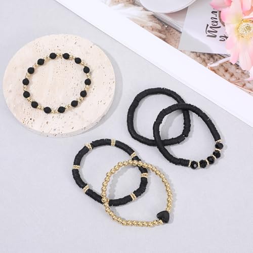 5Pcs Beaded Bracelets for Women, Bohemian Glass Faceted Crystal Beads Bracelet, Stackable Boho Disco Ball Stretch Bracelets, Multilayered Purple Jewelry Gift for Women, Mother's Day - color: Black 1