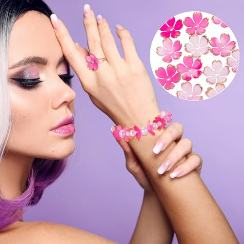 100pcs Cherry Blossom Beads, 5-Petal Pink Gradient Acrylic Flower Beads, Mini Spacer Hair Accessories Halloween Christmas for Bracelets Earring Jewelry Making - color: Pink Gradient
