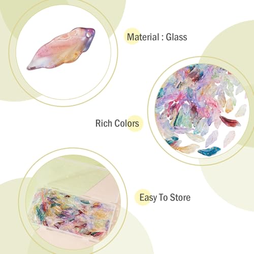 Beadthoven 144Pcs 12 Colors Glass Leaf Beads Mixed Transparent Gold Foil Feather Leaf Bead Charm Colorful Long Leaves Plant Spacers for Necklaces Earrings Key Chains DIY Jewelry Making - color: Feather Leaf Gold Foil