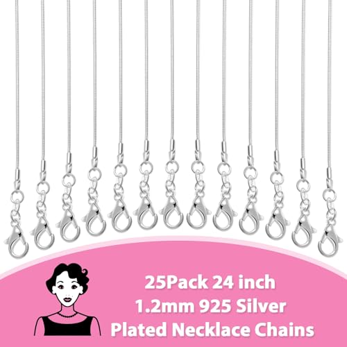 PAXCOO 25 Pack Chains for Jewelry Making, Necklace Chains Bulk Silver Plated Snake Chains for Necklace Jewelry Making, 1.2 mm - size: 24 Inches