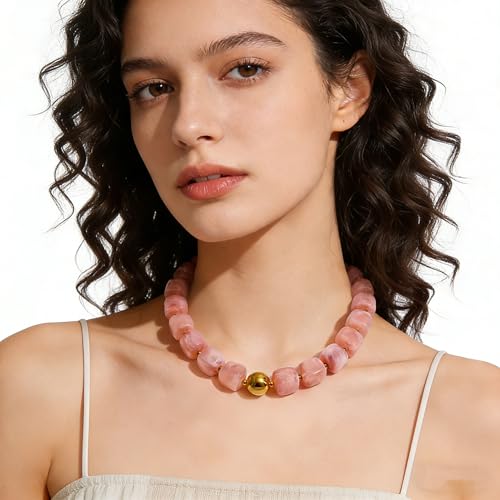 Colorful Beaded Choker Necklace for Women Boho Large Square Acrylic Beaded Necklace Adjustable Surfer Beach Strand Necklces Summer Jewelry Accessories - color: Pink