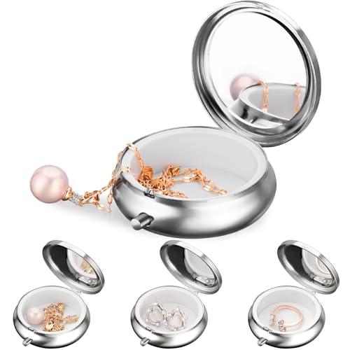 Mini Travel Jewelry Box with Built-In Mirror, Ultra-Portable Jewelry Holder for Rings, Necklaces, Earrings, Pills, Tea Bags, Small Accessories, Press-to-Open Multifunctional Storage (Silver) - color: Silver without Clasp