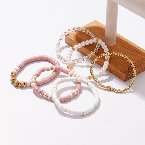 RISHEGAE Heishi Beaded Stretch Bracelets for Women Stackable Polymer Clay Beads Bracelets Friendship Boho Summer Beach Bracelet Jewelry Set - color: C-Pink Cross