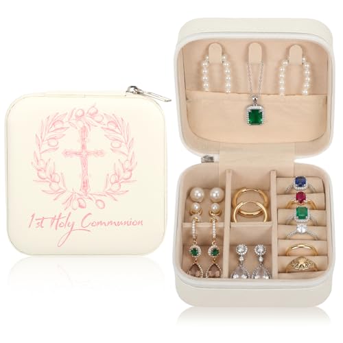First Communion Travel Jewelry Box, Small Zippered Jewelry Case with Soft Lining, White Square Keepsake Box for Rings Earrings Necklaces, Religious Keepsake Gift for Baptism or Wedding (1, White) - color: White