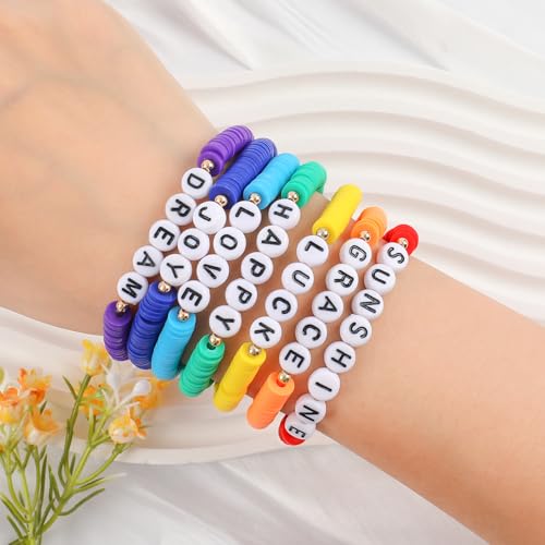 Rainbow Heishi Surfer Bracelets Set for Women Stackable Clay Beaded Bracelets Disc Stretch Preppy Bracelets Layering Colorful Friendship Bracelets Team Cheer Bulk Boho Summer Beach Jewelry Gift - style: LUCK