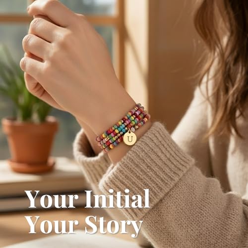 Set of 4 Colorful Bead Initial Bracelets, Personalized Stackable Jewelry, Adjustable Stretchy Charm Bracelets for Women, Beaded Bracelet Set, Trendy Custom Jewelry Gift - style: Colorful Bead - U