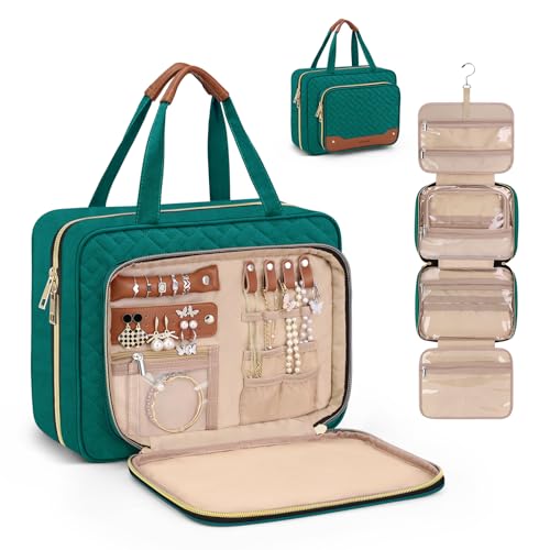 Wedama Toiletry Bag for Women, Hanging Travel Toiletry Bag with Jewelry Organizer Compartment Large Makeup Bag, PVC Waterproof Cosmetic Travel Bag Trips Camping Bathroom, Green+Brown - color: Green, size: Large, style: With Jewelry Organizer Compartment