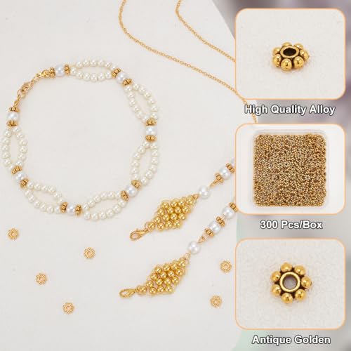 PH PandaHall 300pcs Tibetan Flower Spacer Beads, 6mm Antique Golden Alloy Daisy Beads Snowflake Loose Beads Jewelry Spacers for Bracelet Necklace Earring Jewelry Making Supplies - color: Antique Golden