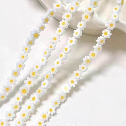 60Pcs Handmade Glass Beads White Daisy Flower Beads Small Beads for Jewelry Making Flat Flower Crystal Loose Spacer Beads for Bracelets Necklace Earrings Making and DIY Craft with Hole