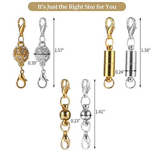 Aiskaer 16 Pcs Magnetic Lobster Clasps for Jewelry Necklace Bracelet, Rhinestone Ball and Cylindrical + Ball Tone Lobster Clasp