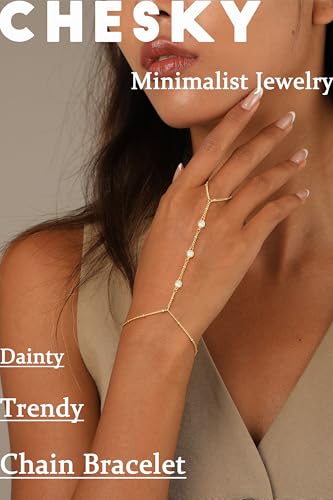 CHESKY 14K Gold Plated Hand Chain Bracelets for Women Set - Dainty Finger Ring Bracelet Stack Adjustable Hand Chains Durable Beaded Bracelets Trendy Simple Body Jewelry Gift for Women - style: 1CZ bracelet-gd