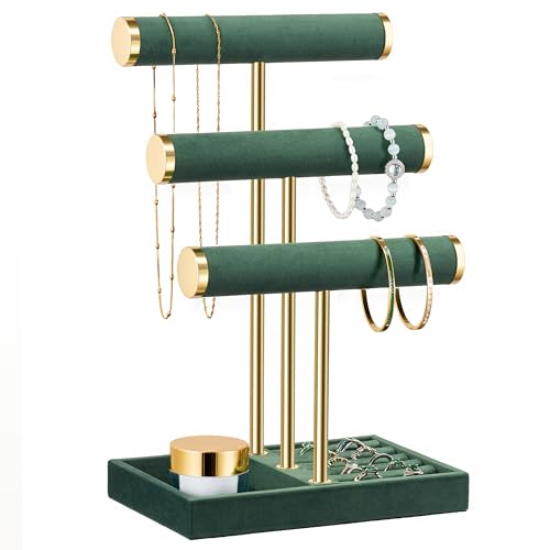 bussdis 3 Tier Bracelet Holder Display - Detachable T Bar Dark Green Velvet Bracelet Holder, Jewelry Holder Organizer for Bracelet, Necklace, Watches, Rings - color: Dark Green, size: Standard
