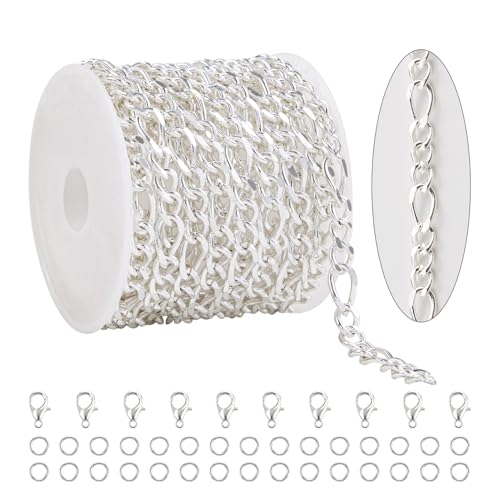 KYUNHOO 13 FT/4M Silver Plated Jewelry Chain Roll Figaro Curb Links Necklace Chains Bulk with Lobster Clasps Jump Rings for Women Men Making Jewelry Crafts - color: Figaro Silver