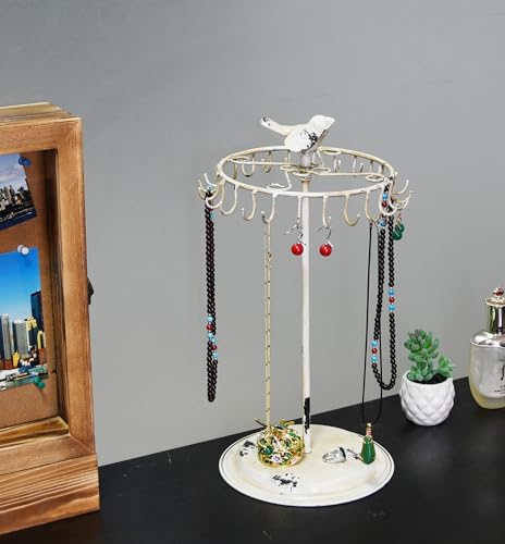 Rustic White Bird Rotating Necklace Holder Bracelet Stand/Jewelry Organizer/Jewelry Tree - color: Rustic White