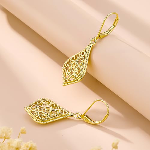 925 Sterling Silver Dangle Earrings for Women, 14K Gold Plated Filigree Dangling Leverback Earrings, Geometric Hypoallergenic Lightweight Dangly Drop Earings for Women Trendy Jewelry Gifts - color: C-14K Gold