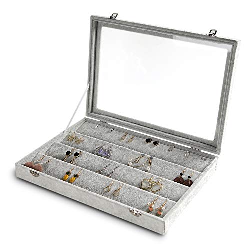 Frebeauty Earring Organizer Tray with Clear Lid 64 Slots Velvet Drawer Insert Earring Storage box with Transparent Glass lid Jewelry Display Case with lock Gifts for Girls Women (Grey, Earrings) - color: Grey, size: 64 Slots