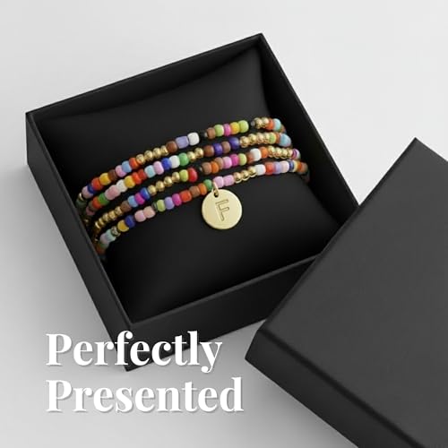 Set of 4 Colorful Bead Initial Bracelets, Personalized Stackable Jewelry, Adjustable Stretchy Charm Bracelets for Women, Beaded Bracelet Set, Trendy Custom Jewelry Gift - style: Colorful Bead - F