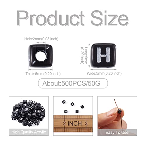 FASHEWELRY 500Pcs Cube Acrylic Letter Beads 5x5x5mm Black Square Letter H Alphabet Beads for DIY Bracelet Necklace Jewelry Making - color: Letter H