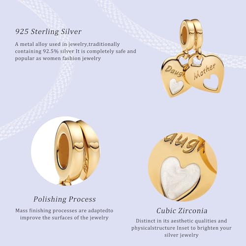 925 Silver Charms Pendants For Pandora Bracelet Golden charms Bead Safety Chain Clip set Heart Flower Animal Beads Family, Mom, Friend, Daughter, Birthday, Jewelry Gift - style: B-Golden Mom and Daughter Pendant