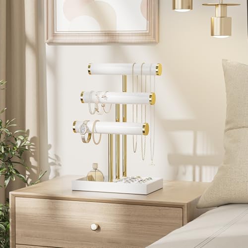 bussdis 3 Tier Bracelet Holder Display - White Leather Bracelet Holder, Detachable T Bar Jewelry Holder Organizer for Bracelet, Necklace, Earrings, Rings, Watches, Bangle - color: White