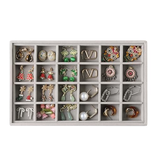 Frebeauty 24 Grid Earring Holder Organizer Tray, Jewelry Organizers and Storage for Drawer,Velvet Jewelry Display Storage for Earrings,Rings,Studs,10.5 x 6.5 x 1.2 Inches Gift for Women (Grey) - color: Grey, size: Set1