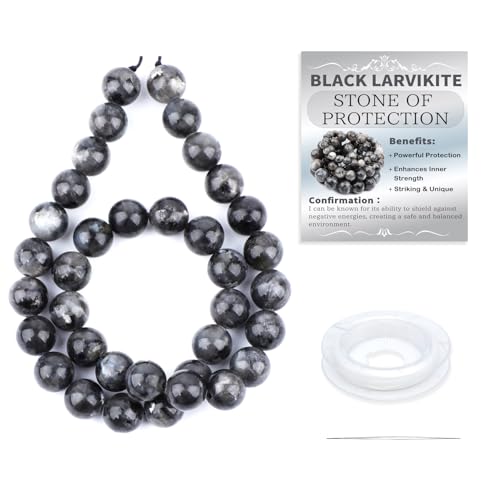 Natural Stone Beads Round Genuine Real Stone Beading Strand Loose Gemstones DIY Smooth Bead for Bracelet Necklace Earrings Jewelry Making (Black Larvikite, 10mm 36 Pieces) - color: Black Larvikite, size: 10mm 36pcs