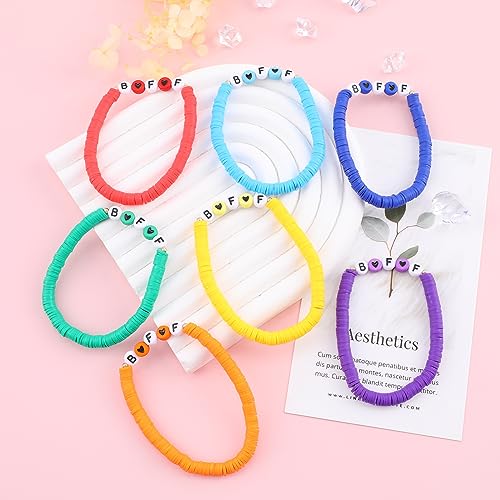 Rainbow Heishi Surfer Bracelets Set for Women Stackable Clay Beaded Bracelets Disc Stretch Preppy Bracelets Layering Colorful Friendship Bracelets Team Cheer Bulk Boho Summer Beach Jewelry Gift - style: BFF