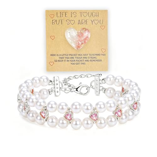 Double Layer Pearl Heart Bracelets for Women, Cubic Zirconia Charm Jewelry, Adjustable Gold Silver Stackable Bracelet Jewelry Set Birthday Gift for Mom Daughter Wife - color: Silver-Pink