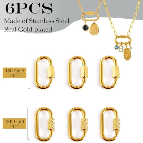 Stainless Steel Screw Carabiner Lock Charms, 18K Gold Plated, 6 Pieces, Jewelry Making Connectors, 0.83 x 0.43 Inch, Necklace Charm Holder Clasps (6)