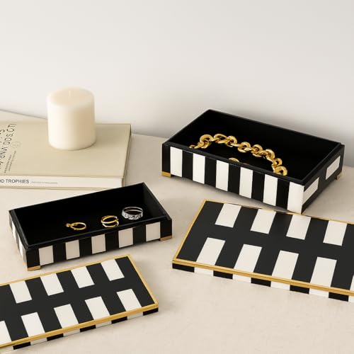 Decorative Boxes for Home Decor – Contemporary Jewelry Boxes and Home Organizer with Lid for Accessories and Keepsakes – Perfect Storage Accent and Living Room Decor- Set of 2; 4" & 3", Black & White