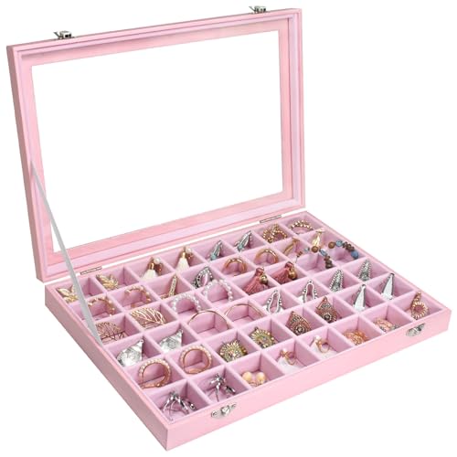 Siveit Jewelry Tray Organizer Box 48 Grid Jewelry Display Organizer Box with Transparent Lid Rings Earrings Necklaces Pendants Display Box Suitable for Women and Girls (48 Grid, Pink) - color: Pink