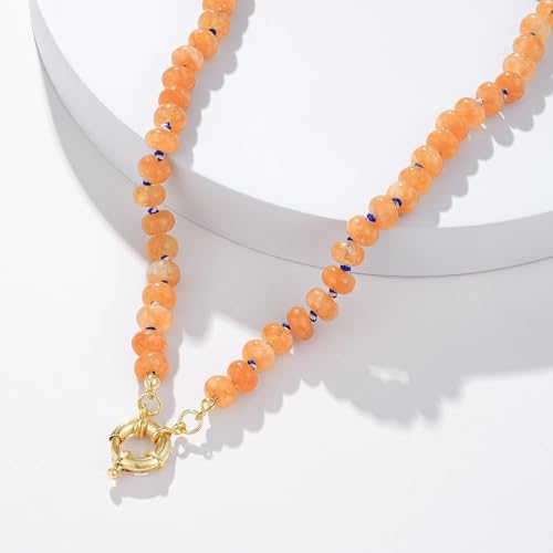 KissYan Beaded Gemstone Necklace for Women, Natural Stone Beach bead Necklace, 18" Boho Summer Handmade Jewelry Gifts - color: Sunstone