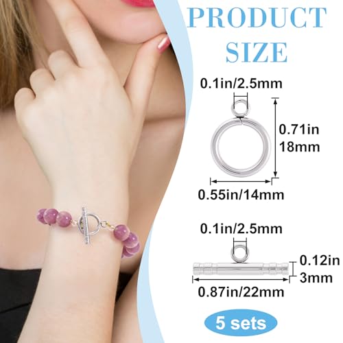5 Sets Toggle Clasps for Jewelry Making, Stainless Steel OT Toggle Jewelry Clasps, T-Bar Round Ring Closure Connectors for DIY Bracelet Necklace Anklet- Silver - color: Silver-A Style