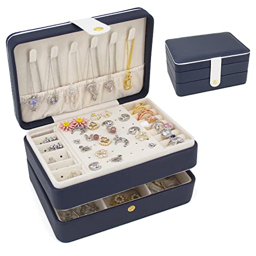 KOOAAICCHI Small Jewelry Box, Travel Jewelry Organizer, Portable Jewelry boxes for Women Girls Gift, Double Layers PU Leather Jewelry Holder for Rings, Earrings, Necklaces-Blue - color: JS-Blue
