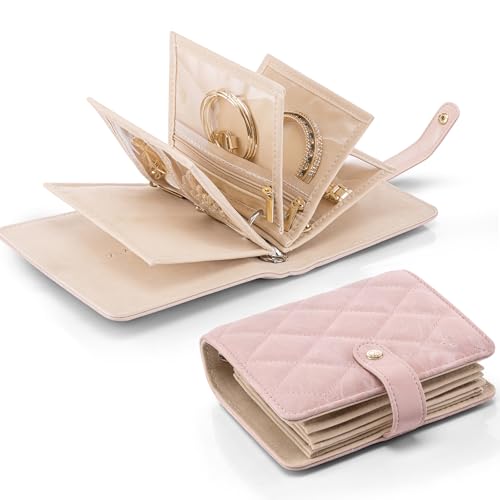 VLANDO Travel Jewelry Organizer Case,Gifts for Women,Portable Jewelry Storage Book Ring Binder with Clear Zipper Velvet Pouch Bag for Traveling,Rings,Necklace,Earrings,Bracelets,Brooches-Sand Pink - color: Sand Pink