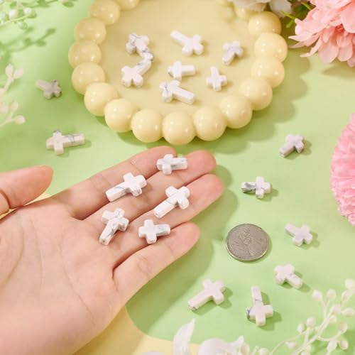 20 Pcs White Turquoise Cross Beads Small Cross Gemstone Beads Natural White Howlite Bead Crystal Crucifix Charms for Easter Holiday Eid Mubarak Ramadan Jewelry Making 12.5 & 14.5mm - color: White-Howlite