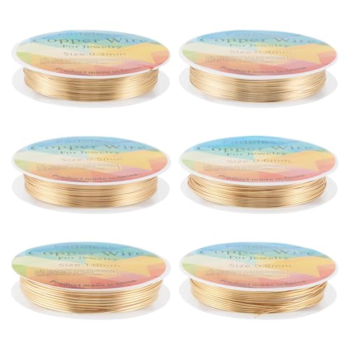 PH PandaHall Pandahall 6 Sizes Light Gold Copper Jewelry Wire Tarnish Resistant Copper Craft Wire Thin Metal Bendable Wrapping Wire for Crafting Sculptures, 18/20/22/24/26/28 Gauge