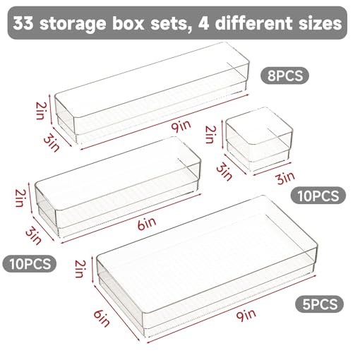 33 PCS Clear Plastic Drawer Organizer Set, 4 Sizes Acrylic Drawer Storage Trays Non Slip Storage Bins for Makeup, Jewelry, Gadgets for Kitchen, Bedroom, Bathroom, Office - style: 33 PCS with 4 sizes