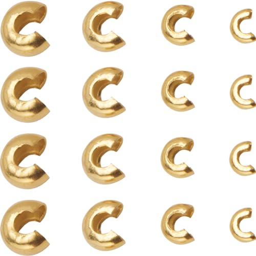 SUNNYCLUE 1 Box 80Pcs 3mm 4mm 5mm 6mm Stainless Steel Crimp Bead Covers Gold Crimp Knot Covers Small Open Side Half Round End Caps Metal Spacers for Jewelry Making DIY Bracelets Necklace