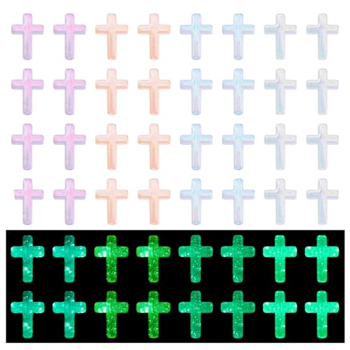 Beadthoven 50Pcs Glow in the Dark Cross Acrylic Beads Jesus Cross Beads Colorful Cross Focal Beads Crucifix Cross Loose Beads Spacers for Easter Necklace Bracelet Jewelry Making Decoration - color: Cross Fluorescent Multicolor