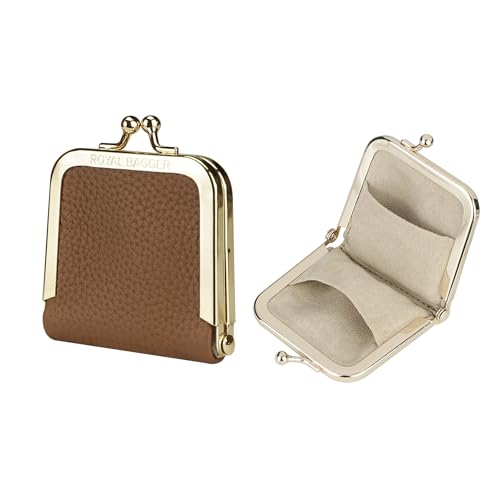 Royal Bagger Genuine Cow Leather Ultra-Slim Mini Jewelry Box, Ring & Necklace Storage, Slim Coin Purse with Kiss Lock for Women 3120 (Brown) - color: Brown