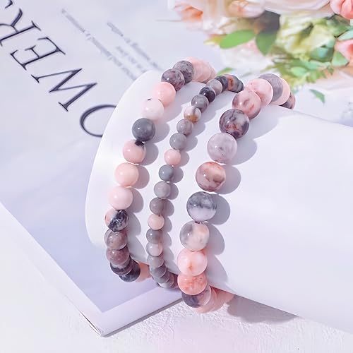 3Pcs Healing Crystal Turquoise Bracelets for Women Men 8mm 6mm 4mm Natural Stone Beaded Stretch Bracelet Jewelry Gifts for Women Girl - color: T5-Pink Zebra Jasper
