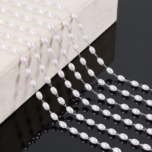 KYUNHOO 16.4FT/5M Faux Pearl Bead Jewelry Making Chains for Crafts Stainless Steel Cable Chain Roll with Jewelry Clasps for Women DIY Handcrafts - color: Pearl Bead Silver