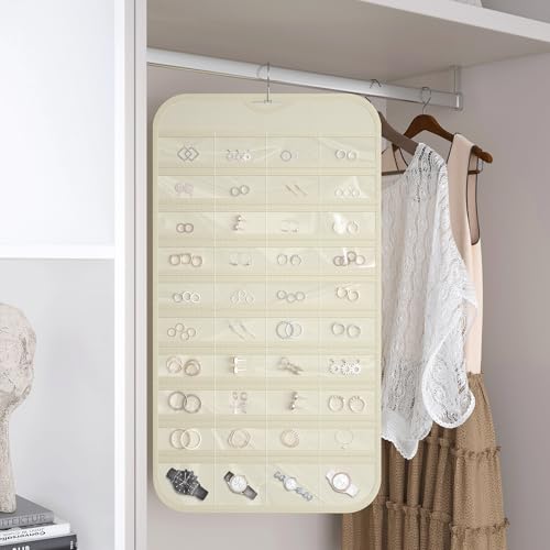 1 Pack Hanging Jewelry Organizer 80-Pocket Dual-sided Jewelry Storage for Earring Necklace Bracelet Ring Travel Holder, Beige - color: Beige