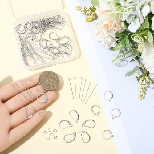 1 Box 180Pcs Stainless Steel Leverback Earring Hooks Earring Hook Making Kit with Loop Hypoallergenic Head Eye Pins Jump Rings No Tarnish Lever Back Earwire Clasps for Jewelry Making DIY - color: Silver