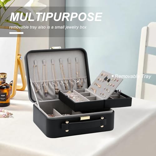 Travel Jewelry Box Jewelry Storage Case Jewelry Suitcase for Women and Men 2 Layer Jewelry Organizer Box with Removable Tray (Black) - color: Black-2