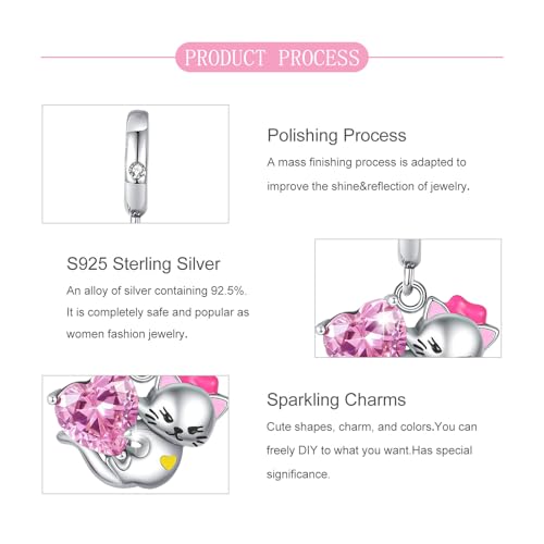 925 sterling silver Bead Charm for Pandora bracelets and Necklaces - Cute Heart Animal Ocean Pendant Bead Charms with Cubic Zirconia Mother's Day Jewelry Making DIY Gifts for Women Wife/Girlfriend - color: Playful Kitten Charm