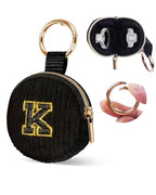 Mini Travel Ring Holder Keychain, Portable Corduroy Jewelry Ring Holder Pouch with Letter, Small Earrings Case for Gym Sports Bag Purse Coins (K, Black) - style: K
