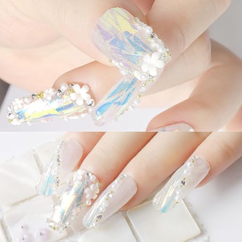 3D Colorful Flower Nail Charms,Flowers Acrylic Nail Charms with Metal Golden Round Beads for Nails Art DIY Accessories
