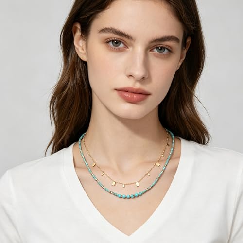 Plumiss Boho Handmade Natural Jasper Stone Beaded Crystal Mixed Strand Short Necklace for Women Girl - color: Turquoise